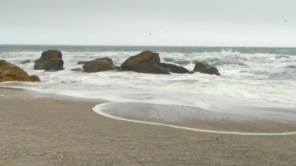 Plage de sable avec mer agitée rugueuse, rochers jaunes, nuages gris denses couvrant le ciel . — Video