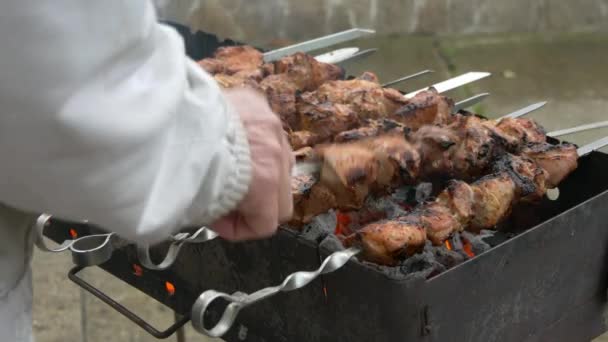 Vlees brochettes op grill. Saus druppels op kebab. Plaatsing van de porties van barbecue. — Stockvideo