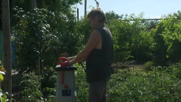 De tuinman doet mulch met takken Shredder. Productie van zaagsel — Stockvideo