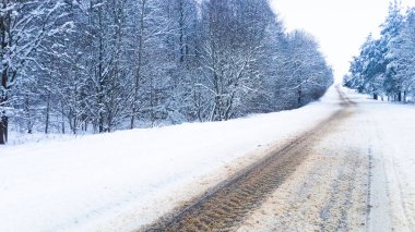 Karla kaplı ağaçların arasında, ormandaki patika.