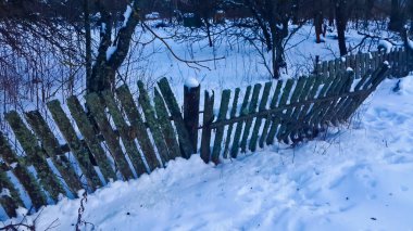 Karla kaplı bir köy, karla kaplı bir ormanın içinde. 