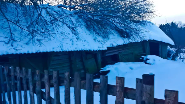 Karla Kaplı Bir Köy Karla Kaplı Bir Ormanın Içinde — Stok fotoğraf