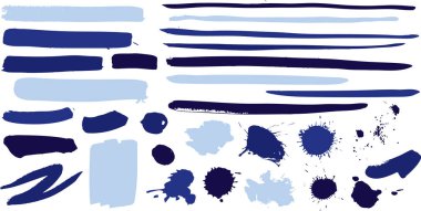 Vector blue artistic paint brush strokes and paint blob splatter elements 2025 new set. Suitable for your graphic design projects. Graphic elements.