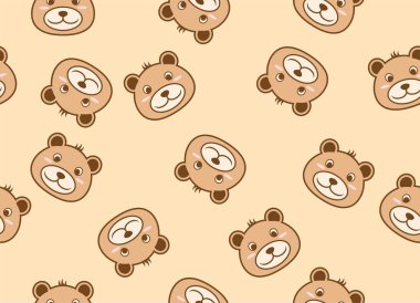 Ayı suratlı çizgi film karakteri şirin kahverengi dikişsiz desenli vektör çizimi kumaş çizimi