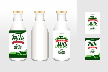 süt etiketi tasarım şablonu vektörü ve şişe tasarımı