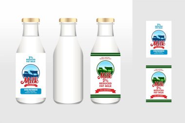 süt etiketi tasarım şablonu vektörü ve şişe tasarımı