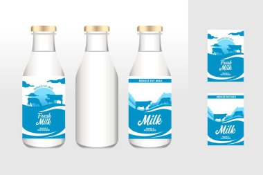 süt etiketi tasarım şablonu vektörü ve şişe tasarımı