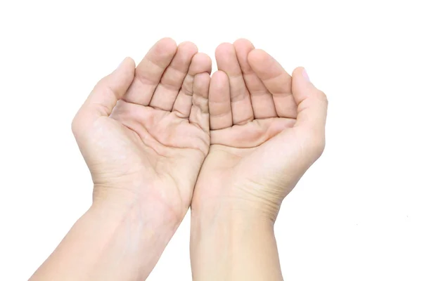 Kadın açık elleri. Beyaz arka plan. Holding, veren, gösteren kavram