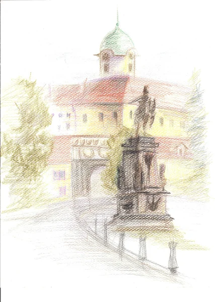 Sketsa pensil warna kastil, Podebrady, republik Ceko — Stok Foto