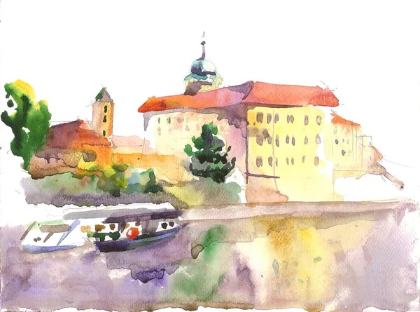 Watercolor etude of the castle, Podebrady, Czech republic — Stock Photo, Image