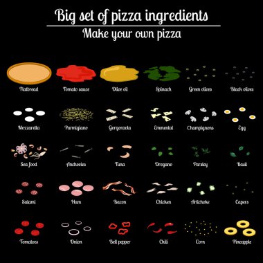 Pizza için malzemeler büyük kümesi.