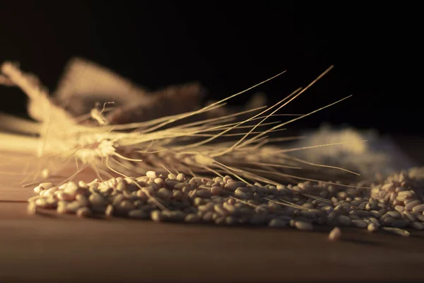 Пшеничные Зерна Колосья Пшеницы Мука Ломтики Хлеба Деревянном Столе — стоковое фото