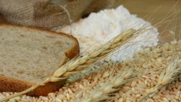 Tahıl Taneleri Buğday Taneleri Buğday Taneleri Buğday Kulakları Ekmek Dilimleri — Stok video