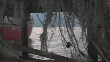 Fırtınadan sonra sürüklenen kırık balık ağlarının ve plastik şamandıraların gerçek görüntüleri. Deniz kirliliği ve sürdürülebilirlik sorunlarını gösteren otantik sahil çevre sahnesi. Belgesel yakalama, doğal süreç, yapay zeka değil..