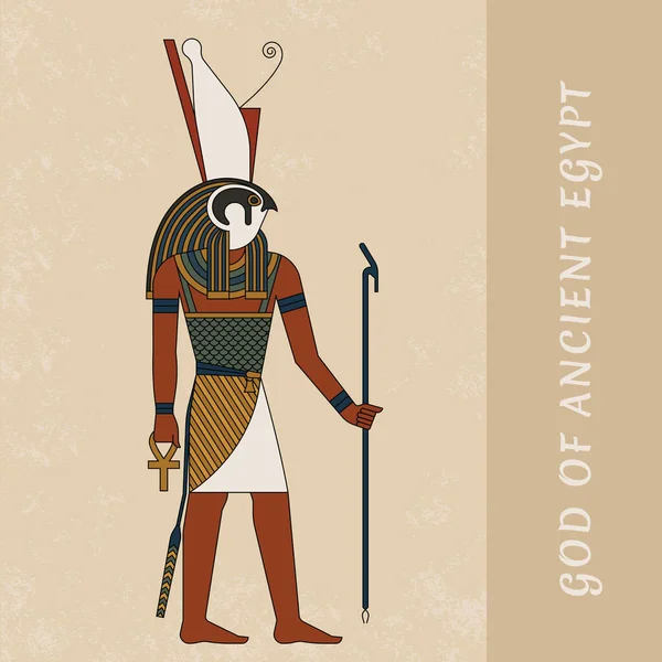 Starożytna sztuka starożytnego egipskiego boga Horusa. Kolorowy wektor rysunek boga Horusa na tle papirusu. EPS 10 — Wektor stockowy
