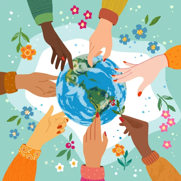 Happy earth day concept met de handen van mensen van verschillende nationaliteiten reiken naar de aarde. Gekleurde vector illustratie in vlakke stijl. — Stockvector