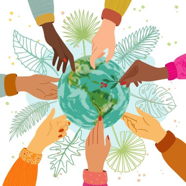 Düz biçimde renkli vektör çizimi. Dünyaya uzanan farklı uluslardan insanların elleri ile mutlu bir dünya günü konsepti..