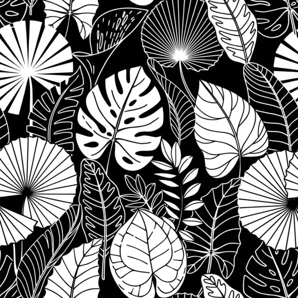 Płynny wzór z białymi tropikalnymi liśćmi na czarnym tle. — Wektor stockowy