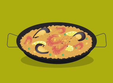 Paella. Geleneksel İspanyol yemek pirinç ve deniz ürünleri ile. İzole vektör çizim.