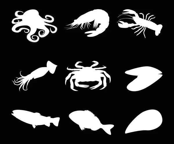 Set seafood eight white icon on black background. Vector Illustration — Stock Vector