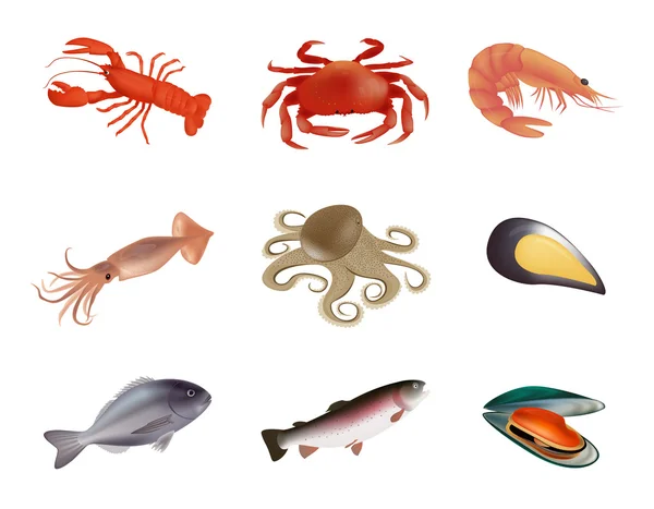 Atur ikon delapan warna makanan laut pada latar belakang putih. Ilustrasi Vektor - Stok Vektor