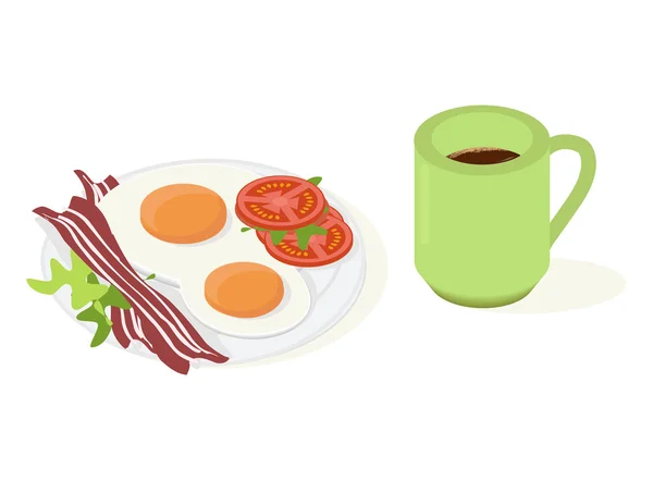 El desayuno. Huevos revueltos con tocino, tomates y lechuga y tapa de café. Ilustración vectorial — Vector de stock