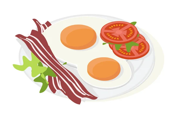 Huevos revueltos con tocino, tomate y lechuga. Ilustración vectorial — Vector de stock