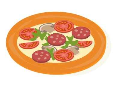 Pizza domates, sosis ve mantar ile. Vektör çizim