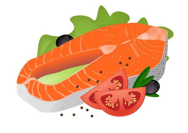 赤いトマトとレタスの白い背景の上のマスの魚の作品。ベクトル図 — ストックベクタ