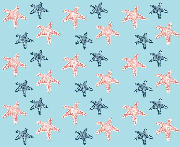 Patrón de estrellas de mar azules y rojas sobre fondo blanco. Ilustración vectorial — Vector de stock