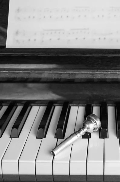 Trumpeta náustek na klávesy klavíru, zblízka — Stock fotografie