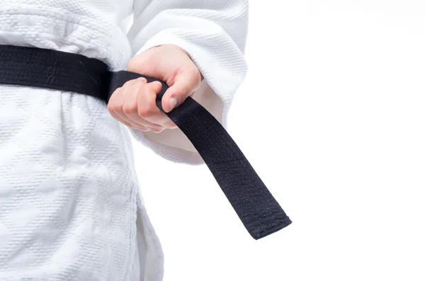 Siyah beyaz bachground izole kemer ile judo üniforma, judo-gi, yakın çekim