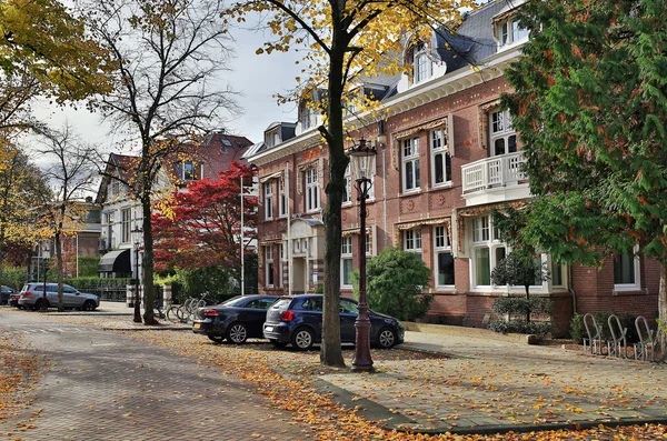 Festői csendes utcában Koningslaan a Vondelpark park közelében. Amszterdam, Hollandia. — Stock Fotó