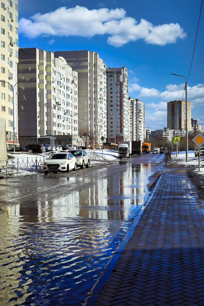 Balashikha Russia March 2021 Flooded Road Residential Area Spring Snow — Photo
