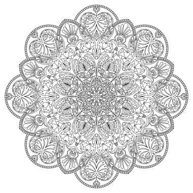 Kalpler, çiçekler ve l şeklinde öğelerin mandala