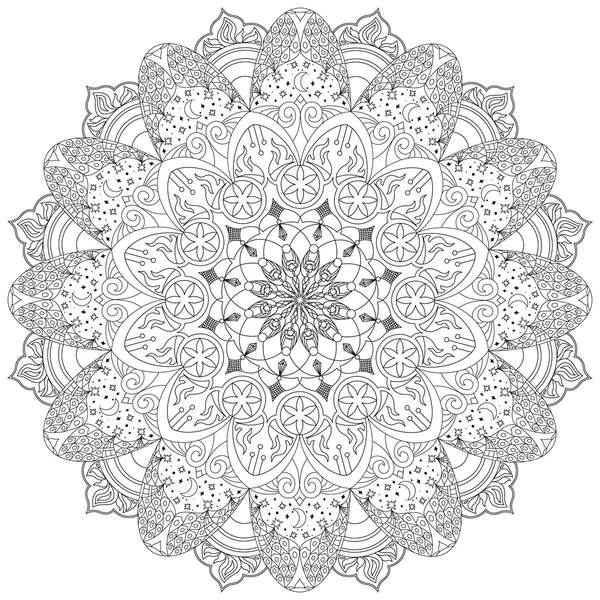 Mandala, ornamento circular com estrelas, mês, fogo e flores — Vetor de Stock