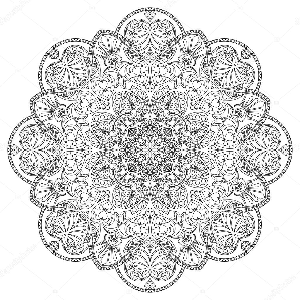 Il mandala degli elementi sotto forma di cuori fiori e l Il mandala degli elementi sotto forma di cuori fiori e foglie Disegni da colorare — Vettoriali di Elfhame