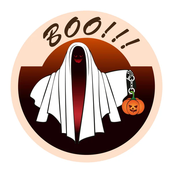 El Fantasma con la calabaza en la cadena. Pegatina para Halloween — Vector de stock