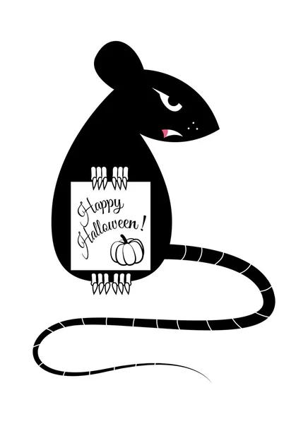 Rata, sosteniendo en las patas una sábana con las palabras Feliz Halloween — Vector de stock