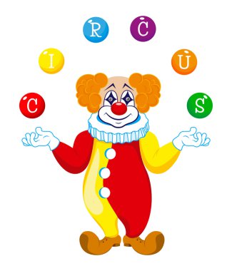 A clown juggles balls with the word circus clipart