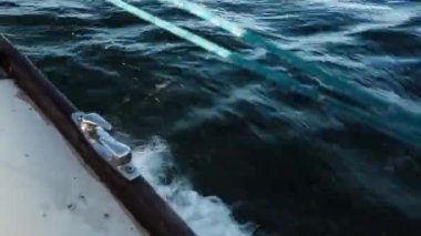Motorlu tekne dalgalar keser. Tekne görüntülemek.