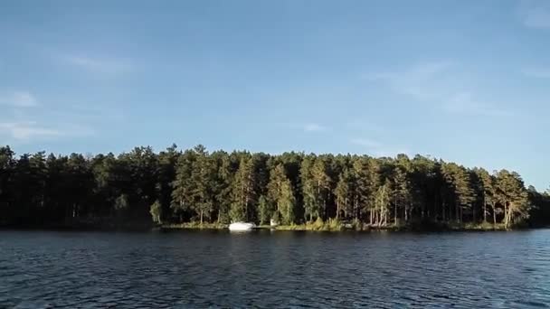 Mountain Lake. Forest in the water. View from the boat. — Stock Video