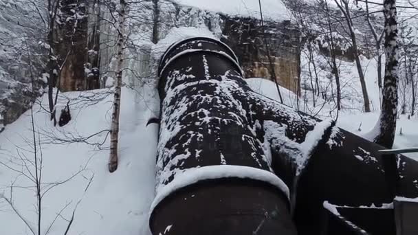 Old micro hydro power plant. Winter forest. — Stock Video