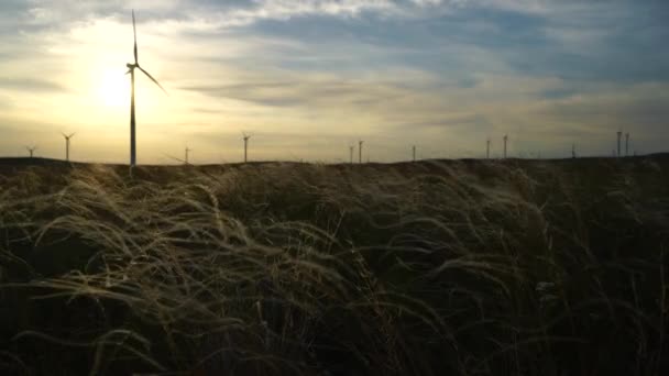 Movimiento de las palas de un gran aerogenerador en un campo sobre un fondo de naranja puesta de sol en el horizonte con una hermosa colinas. Fuentes de energía alternativas. Parque de viento. Energía ecológica.Industrial — Vídeos de Stock