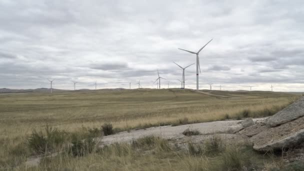 Bewegen Sie die Flügel einer großen Windkraftanlage auf einem Feld vor einem wolkenverhangenen blauen Himmel in der Nähe der Feldstraße. Alternative Energiequellen. Windiger Park. Ökologische Energie. — Stockvideo