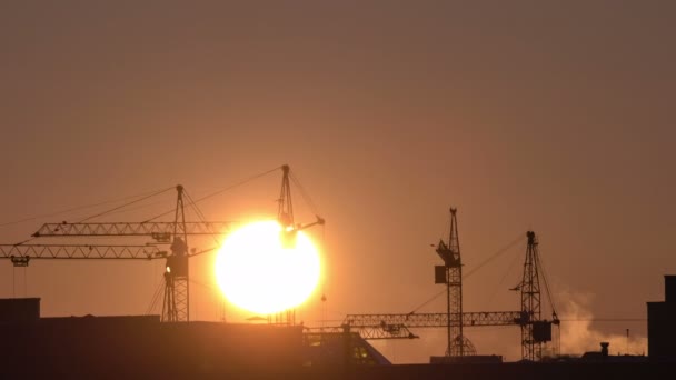 Construction site at orange sunset. Silhouette of high tower cranes works on high-rise residential building site, lifts load. — Stock Video