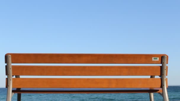 Люди, идущие перед деревянной скамейкой у океана в солнечный день . — стоковое видео
