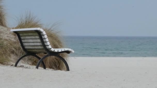 Weiße Holzbank am Strand — Stockvideo