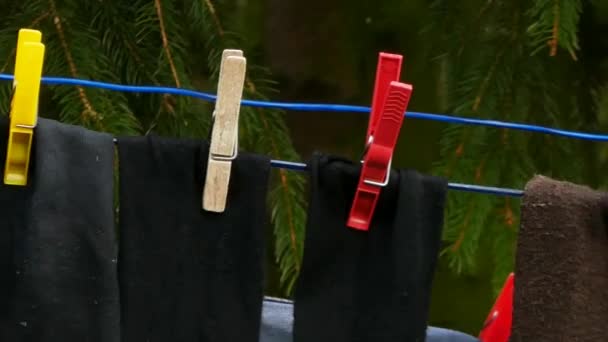 Socks on Clothesline Rope with Clothes Pegs — Stock Video