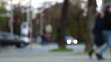 Odaklanmamış yaya geçidi ile kavşak bulanık. İnsanlar yürürken, insanlar, bicyclists ve In-line patenciler geçen trafik ışığı, renkleri değiştirme